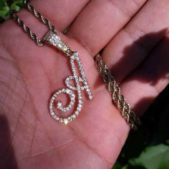 18"Rope Chain - Gold Finish Cursive Initial A. - Picture 7 of 9